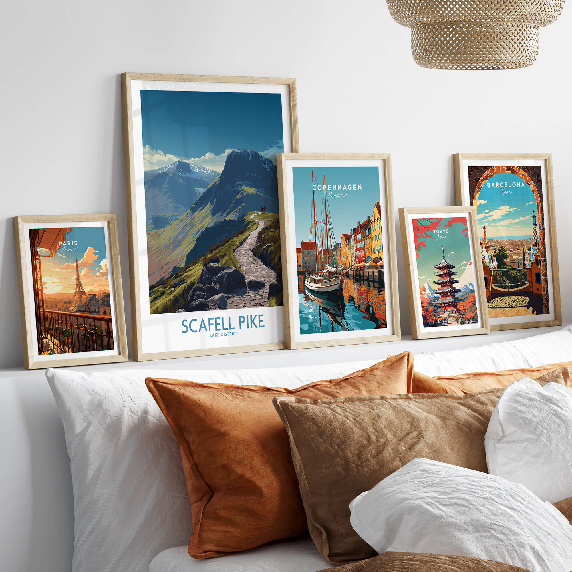 Scafell Pike Lake District Poster | Hiking Trail Landscape Canvas Print displayed among other travel posters on a modern shelf.