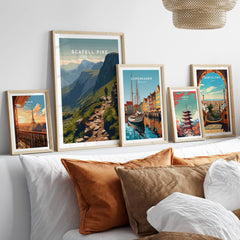 Scafell Pike Lake District Travel Poster | Mountain Valley View Wall Art Print displayed among various travel posters.