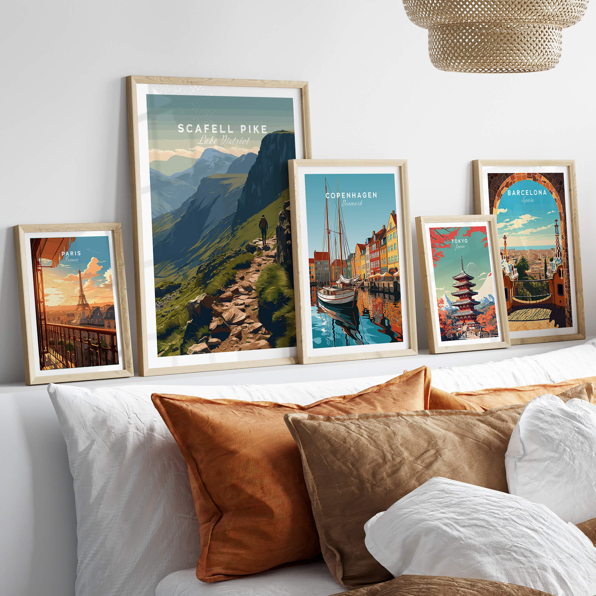 Scafell Pike Lake District Travel Poster | Mountain Valley View Wall Art Print displayed among various travel posters.