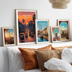 Siem Reap Wall Art Print | Cambodia Sunset Street Scene Travel Poster displayed on a modern wall with framed art.