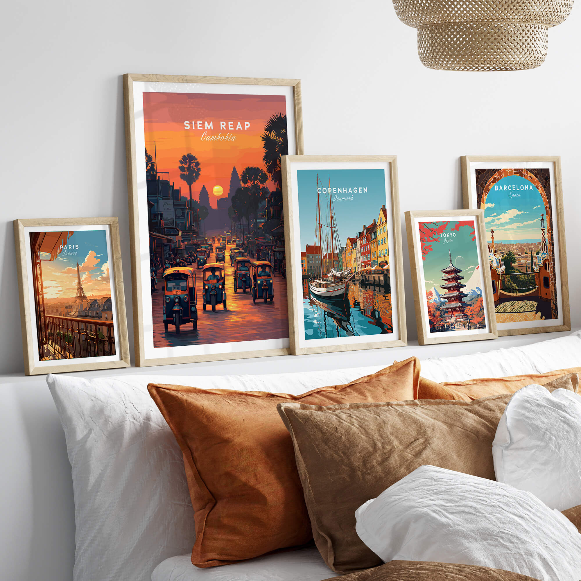 Siem Reap Wall Art Print | Cambodia Sunset Street Scene Travel Poster displayed on a modern wall with framed art.
