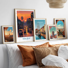 Siem Reap Poster | Bustling Tuk Tuk Cambodia Cityscape Canvas Print displayed among other city posters on a stylish wall.