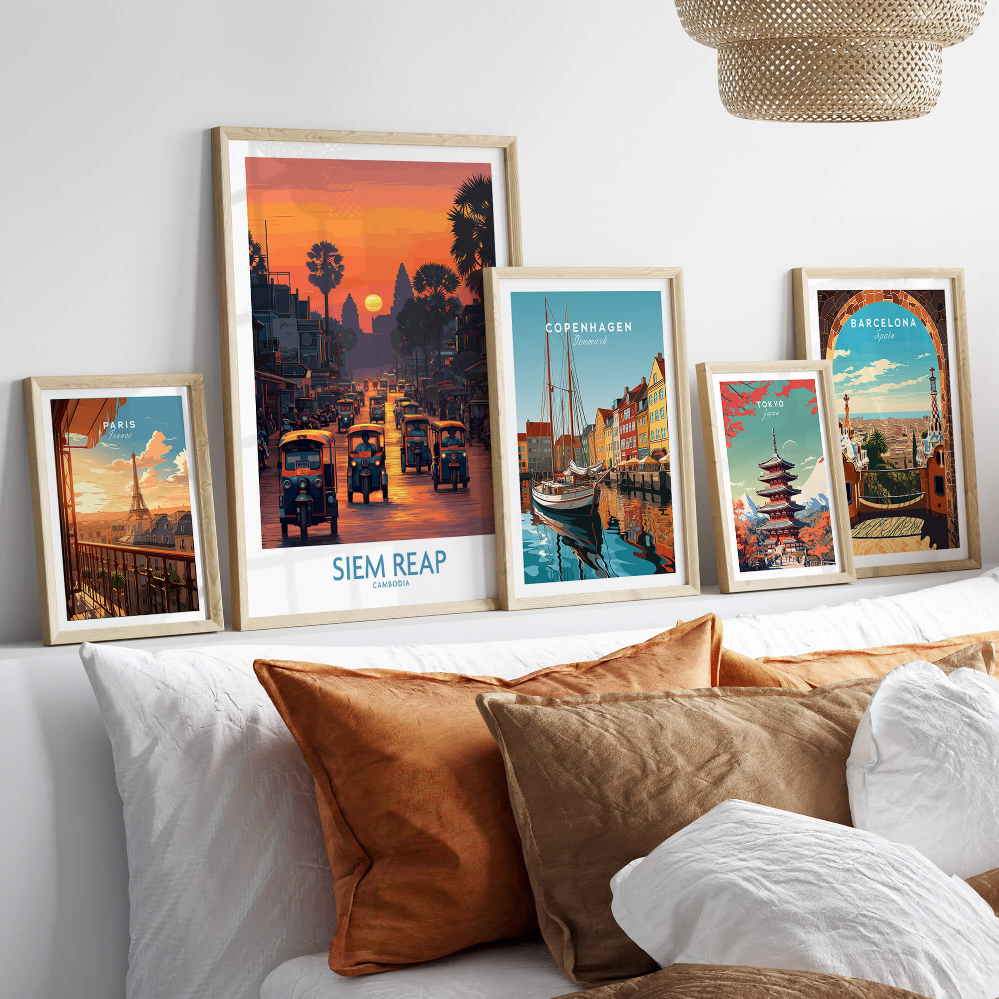Siem Reap Poster | Bustling Tuk Tuk Cambodia Cityscape Canvas Print displayed among other city posters on a stylish wall.