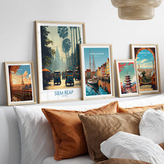 Siem Reap Cambodia Print | Canvas Poster displayed on a stylish wall featuring other travel artwork.