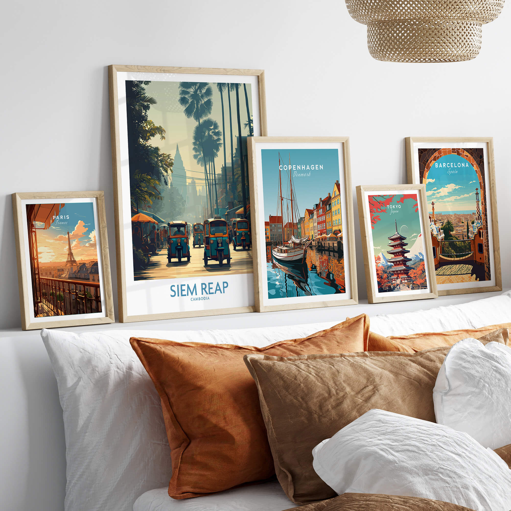 Siem Reap Cambodia Print | Canvas Poster displayed on a stylish wall featuring other travel artwork.
