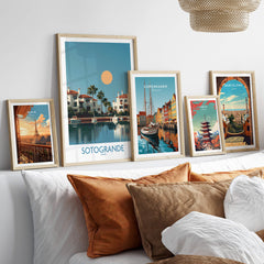 Sotogrande Spain Canvas Print | Mediterranean Waterfront Scenery Poster displayed among other city posters.