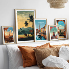 Sri Lanka Wall Art Print | Sunset Elephant Landscape Travel Poster displayed among other travel posters on a stylish wall.