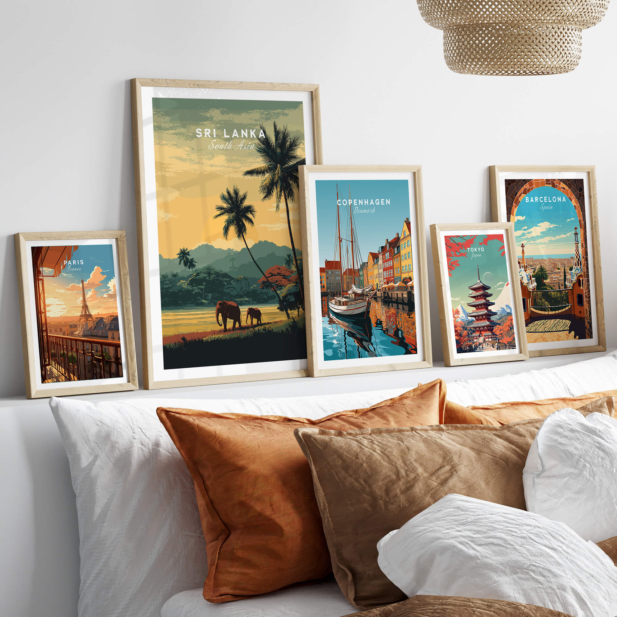 Sri Lanka Wall Art Print | Sunset Elephant Landscape Travel Poster displayed among other travel posters on a stylish wall.