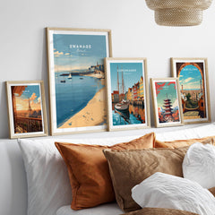 Swanage Dorset Travel Poster | English Coastal Town Wall Art Print framed on wall with other travel posters.