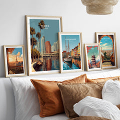 Tampa Florida Wall Art Print | Downtown City Skyline Travel Poster displayed on a wall among framed travel posters.