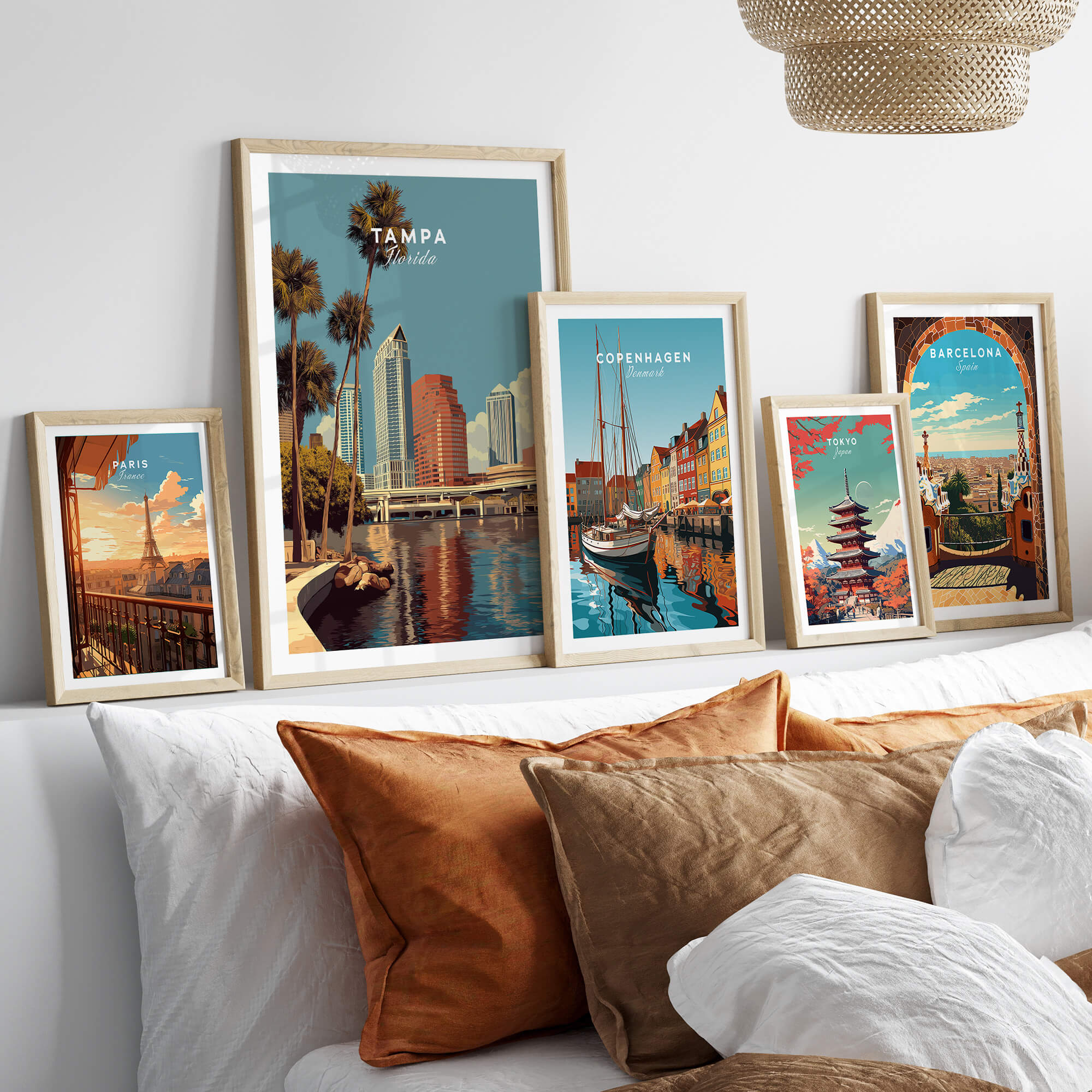 Tampa Florida Wall Art Print | Downtown City Skyline Travel Poster displayed on a wall among framed travel posters.