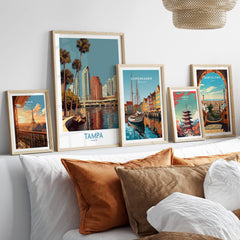 Tampa Florida Poster | Waterfront Sunset Cityscape Canvas Print displayed among other framed travel art prints.