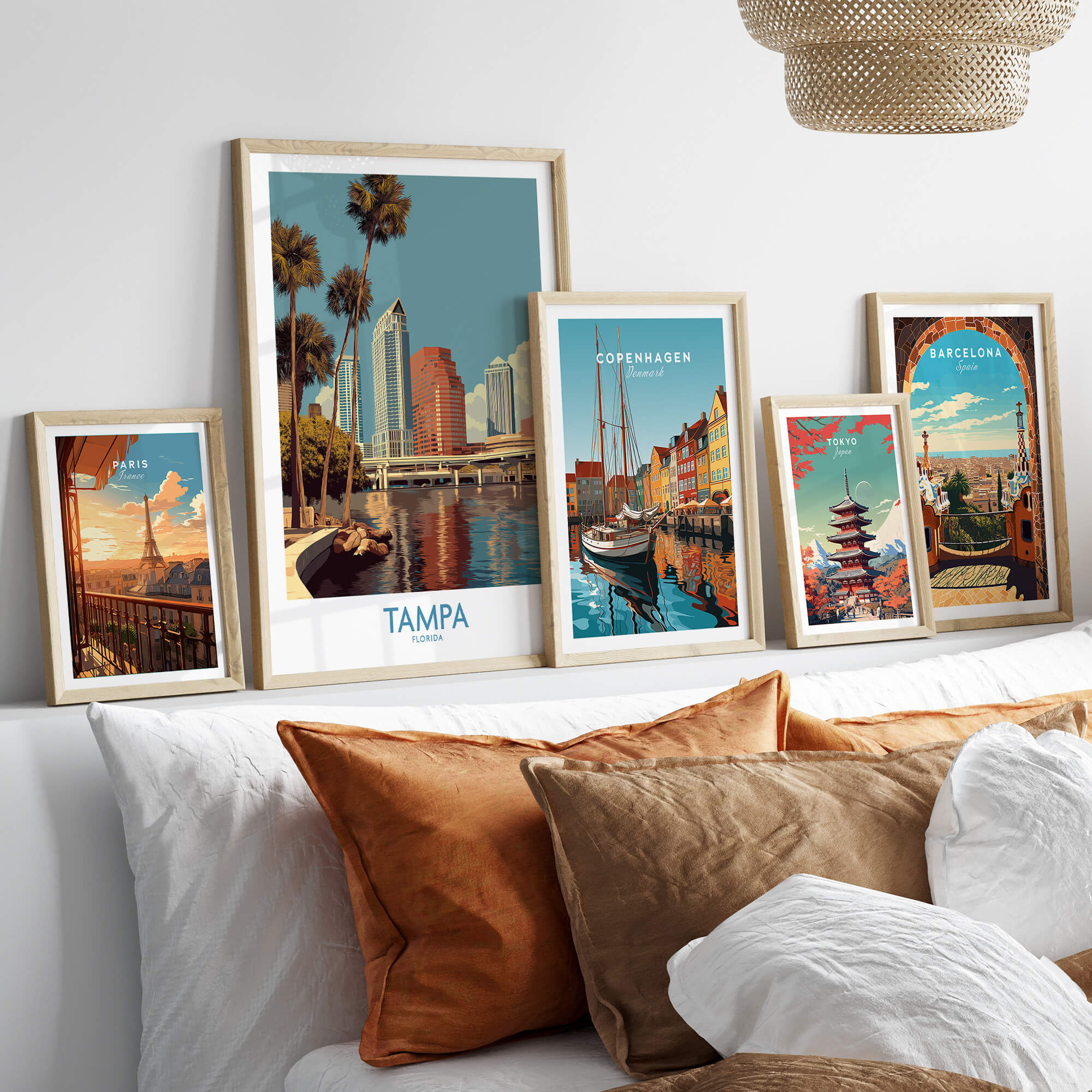 Tampa Florida Poster | Waterfront Sunset Cityscape Canvas Print displayed among other framed travel art prints.
