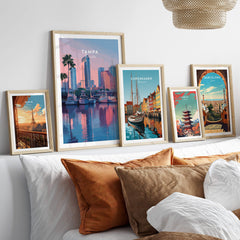 Tampa Florida Travel Poster | Marina Harbor & Skyline Wall Art Print showcased in a stylish living room setting.