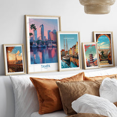Tampa Florida Canvas Print | Sunset Bay & Sailboat Landscape Poster displayed among other city travel posters.
