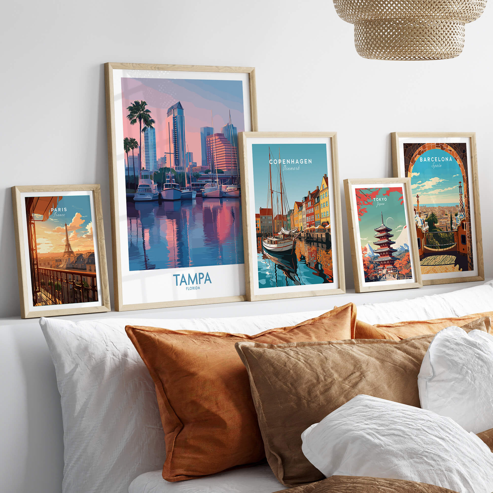 Tampa Florida Canvas Print | Sunset Bay & Sailboat Landscape Poster displayed among other city travel posters.