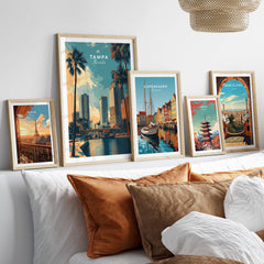 Tampa Florida Wall Art Print | Palm Trees & Modern Skyline Travel Poster displayed in a stylish home setting with other vibrant prints.