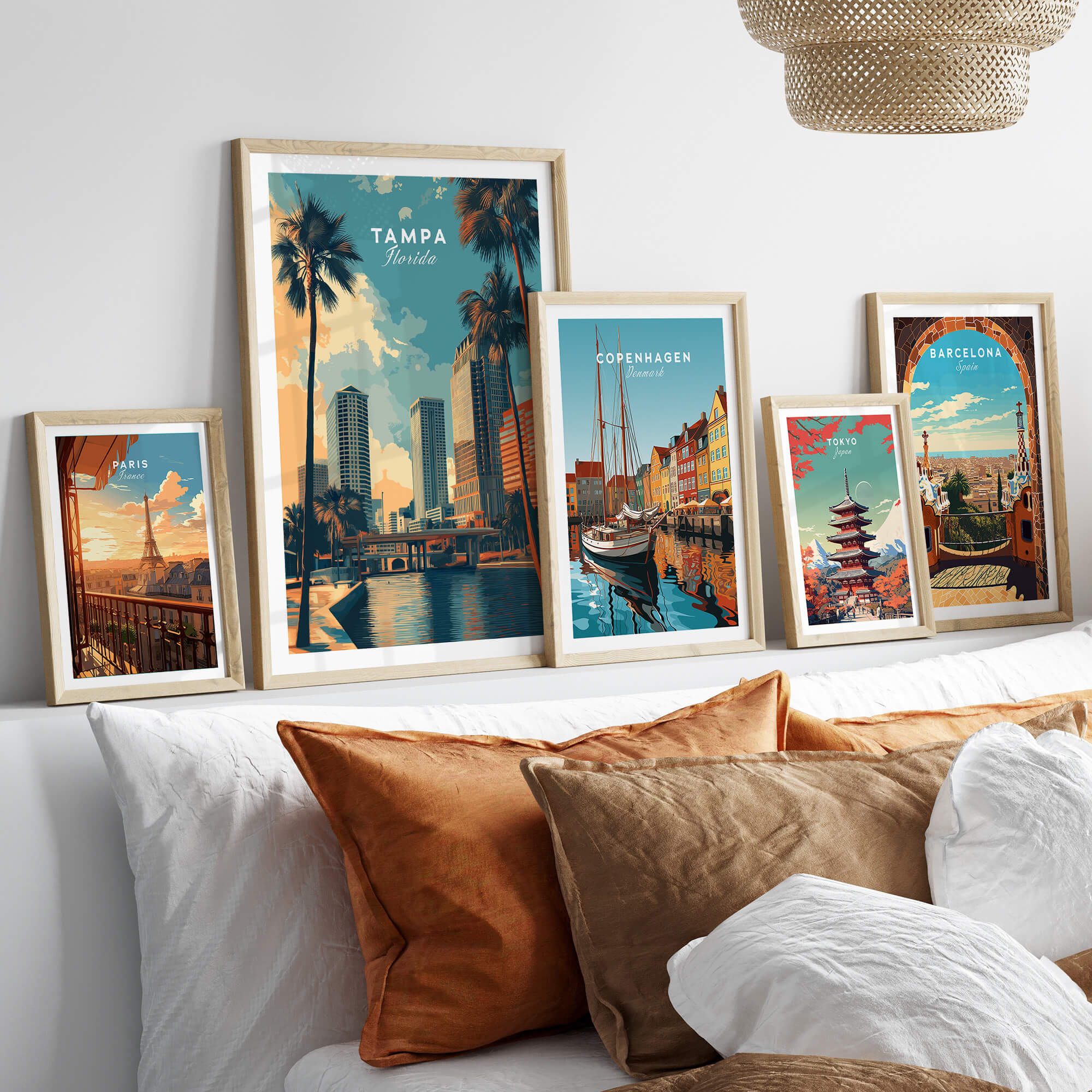 Tampa Florida Wall Art Print | Palm Trees & Modern Skyline Travel Poster displayed in a stylish home setting with other vibrant prints.