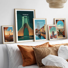 Tehran Iran Travel Poster | Azadi Tower Landmark Wall Art Print displayed among other travel posters in a stylish interior.