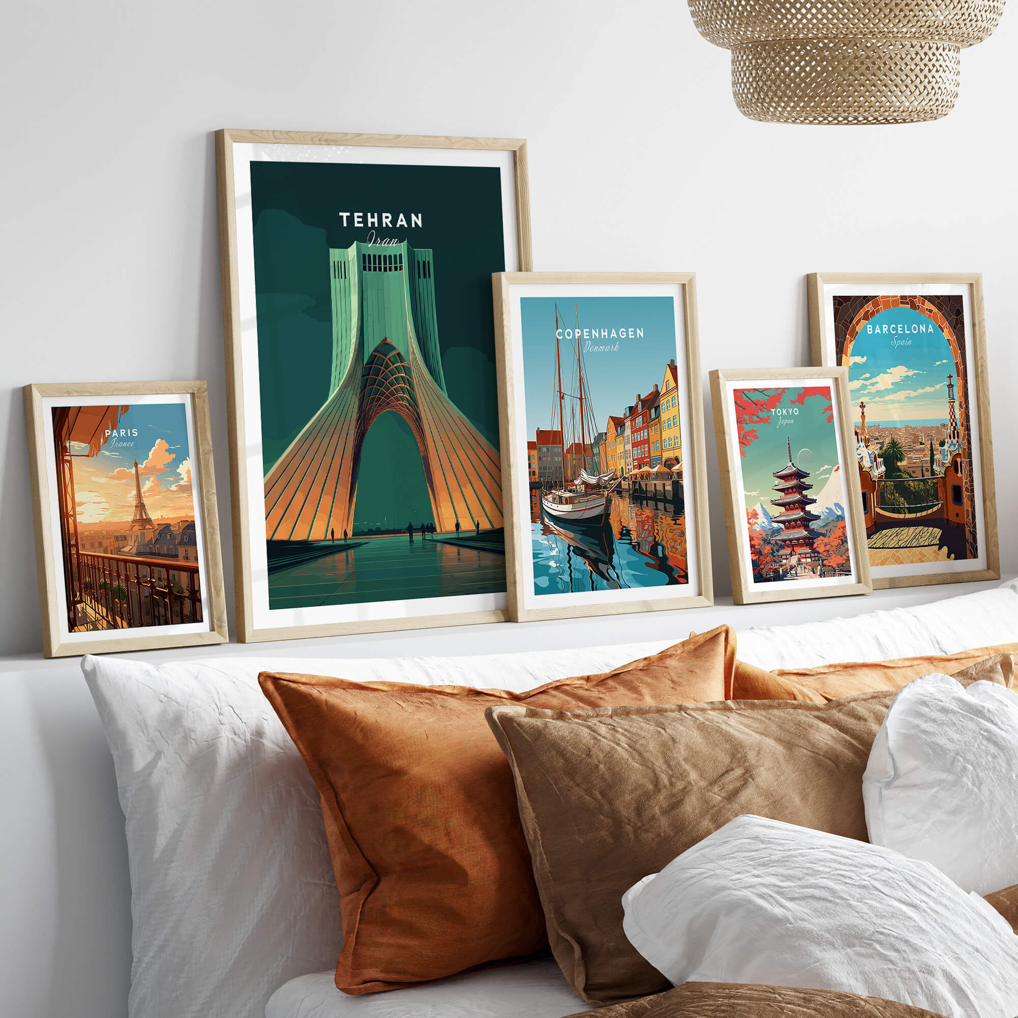 Tehran Iran Travel Poster | Azadi Tower Landmark Wall Art Print displayed among other travel posters in a stylish interior.