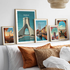 Tehran Wall Art Print | Iran Travel Poster displayed among other travel posters in a cozy living room setting.