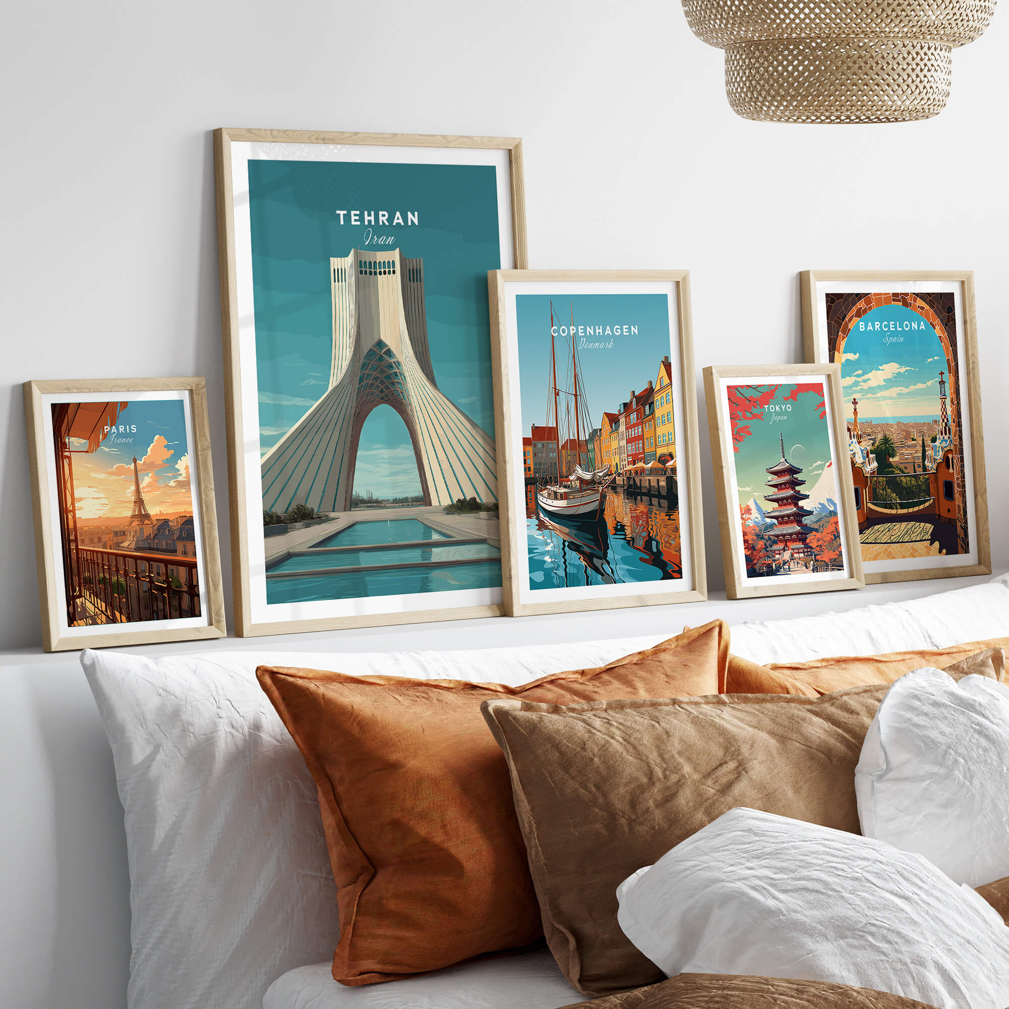 Tehran Wall Art Print | Iran Travel Poster displayed among other travel posters in a cozy living room setting.