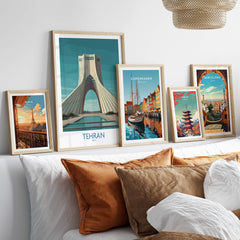 Tehran Poster Iran | Azadi Tower Sunset Architecture Canvas Print displayed among other city posters on a stylish wall.