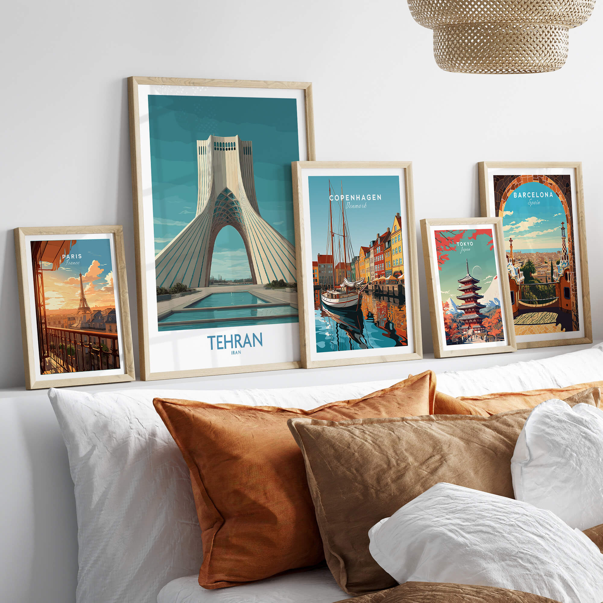 Tehran Poster Iran | Azadi Tower Sunset Architecture Canvas Print displayed among other city posters on a stylish wall.