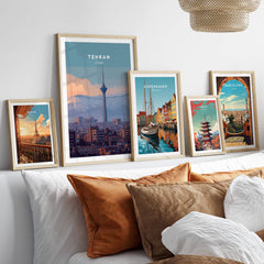 Tehran Iran Travel Poster | Alborz Mountains Skyline Wall Art Print displayed on a cozy home decor setup.