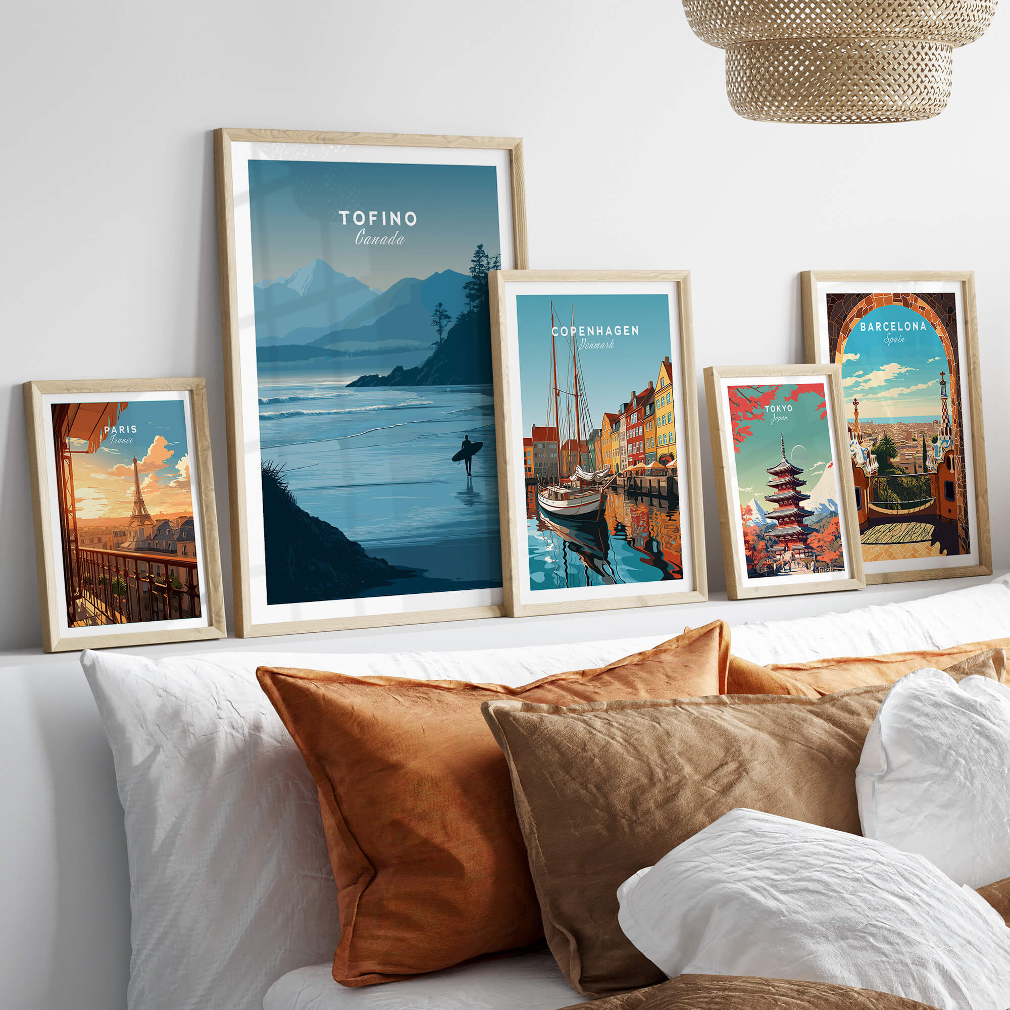 Tofino Canada Travel Poster | Pacific Coast Surfer Wall Art Print among various travel posters in stylish frames.