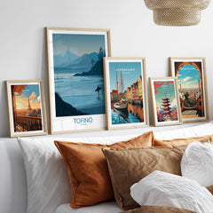 Tofino Canada Canvas Print | Misty Mountain & Shoreline Poster displayed among travel prints on a stylish home decor setting.