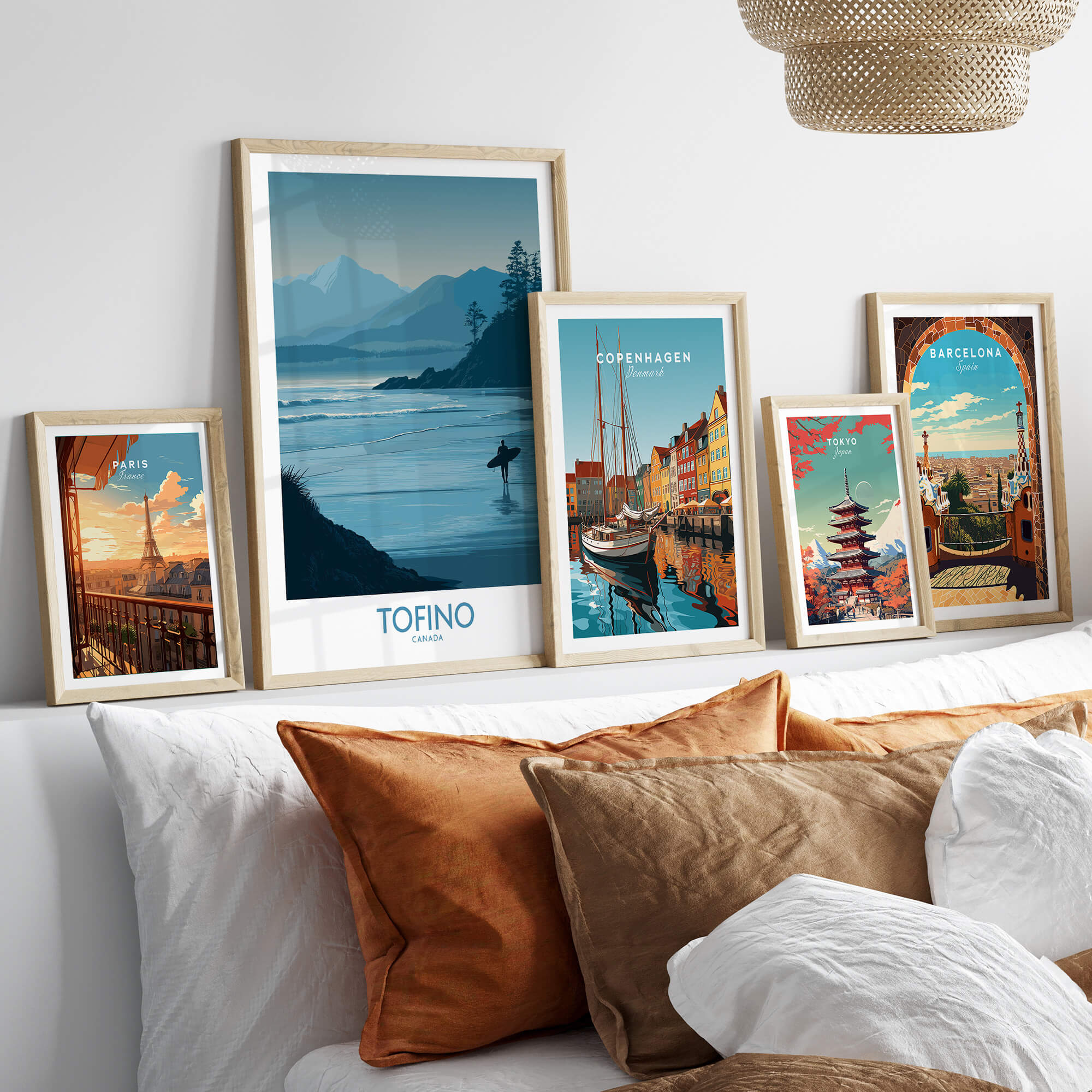 Tofino Canada Canvas Print | Misty Mountain & Shoreline Poster displayed among travel prints on a stylish home decor setting.