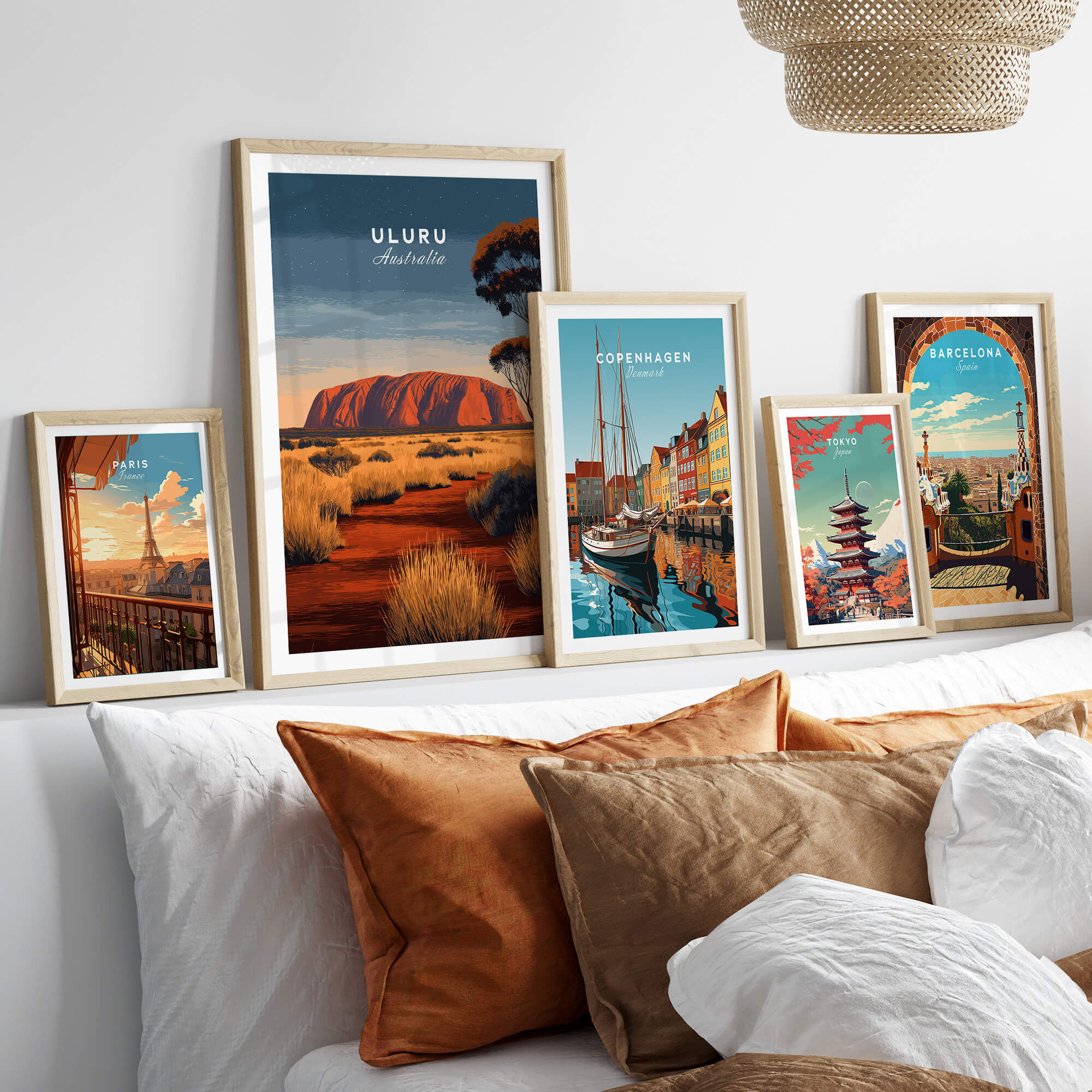 Uluru Australia Wall Art Print | Red Center Outback Travel Poster displayed among other framed travel posters.