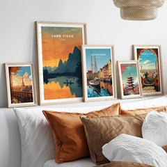 Vang Vieng Laos Travel Poster | Nam Song River Sunset Wall Art Print featured among framed travel art.