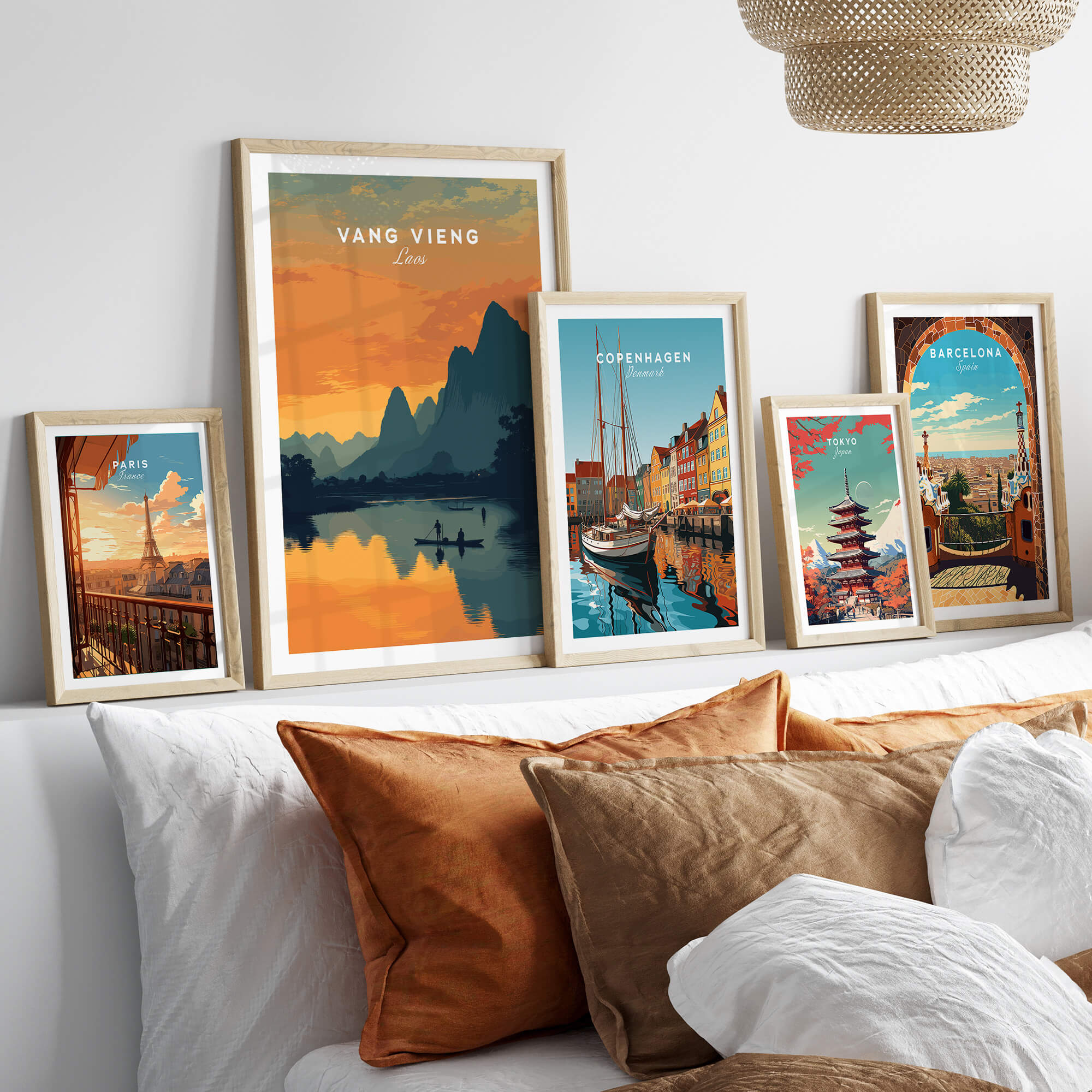 Vang Vieng Laos Travel Poster | Nam Song River Sunset Wall Art Print featured among framed travel art.