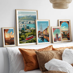 Wellington New Zealand Wall Art Print | Travel Poster displayed among other city art prints in a stylish living room setting.
