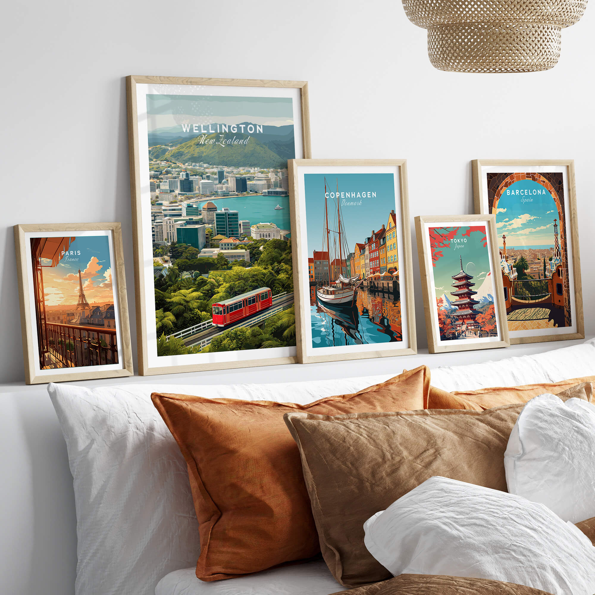 Wellington New Zealand Wall Art Print | Travel Poster displayed among other city art prints in a stylish living room setting.