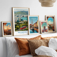 Wellington New Zealand Poster | Scenic City Skyline Landscape Canvas Print displayed in a stylish home setting with other framed art.