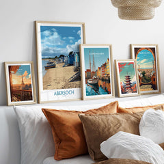 Abersoch Wales Beach Huts Art Print | Coastal Boats Wall Decor Poster displayed among other travel art prints.