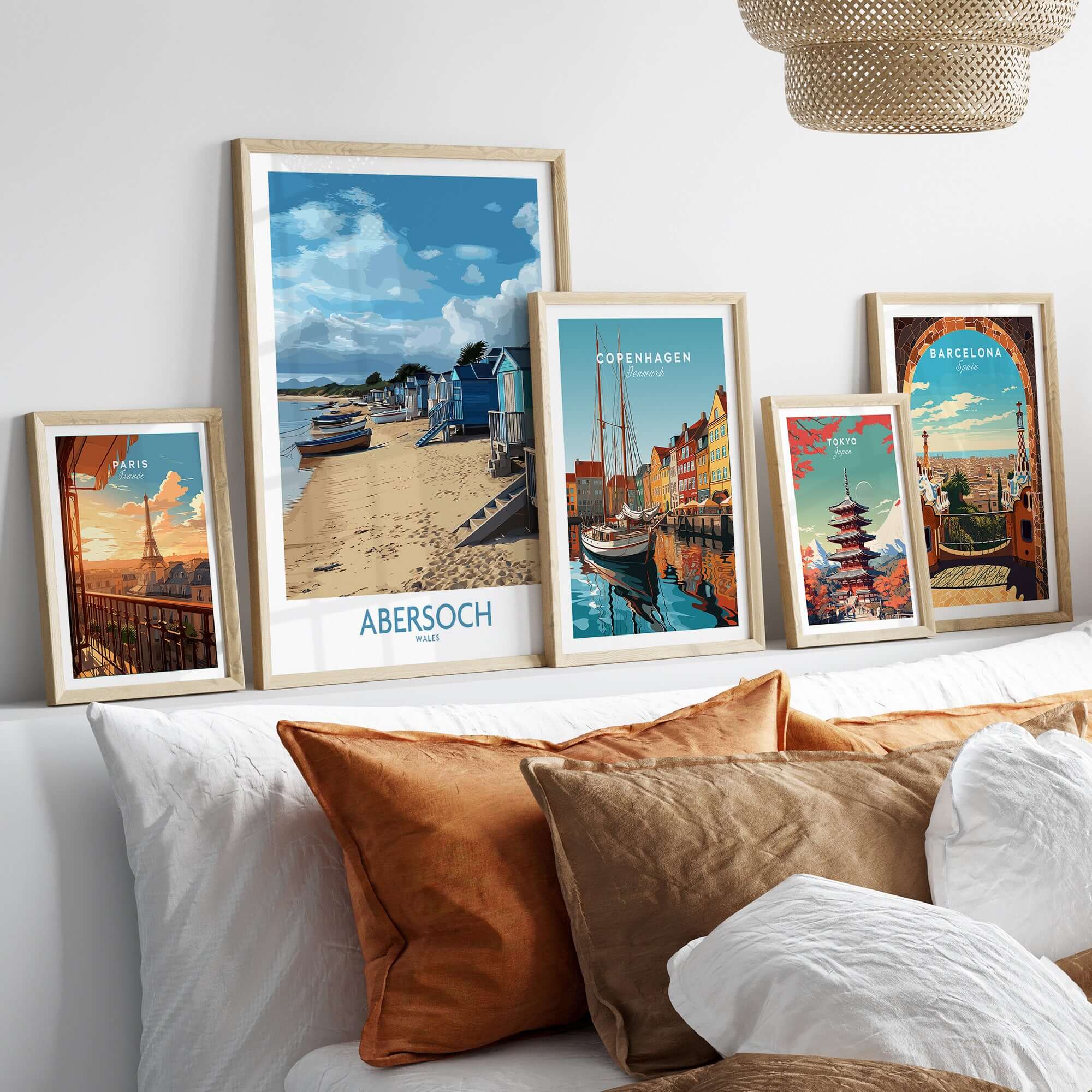 Abersoch Wales Beach Huts Art Print | Coastal Boats Wall Decor Poster displayed among other travel art prints.