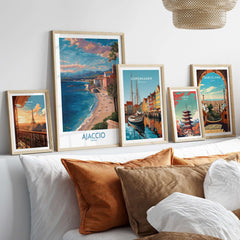 Ajaccio France Coastal Beach Art Print | Corsica Sunset City Poster displayed among other city art prints on a stylish sofa.