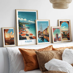 Albania Art Print | Beach Poster displayed among framed travel art prints in a cozy living room setting.