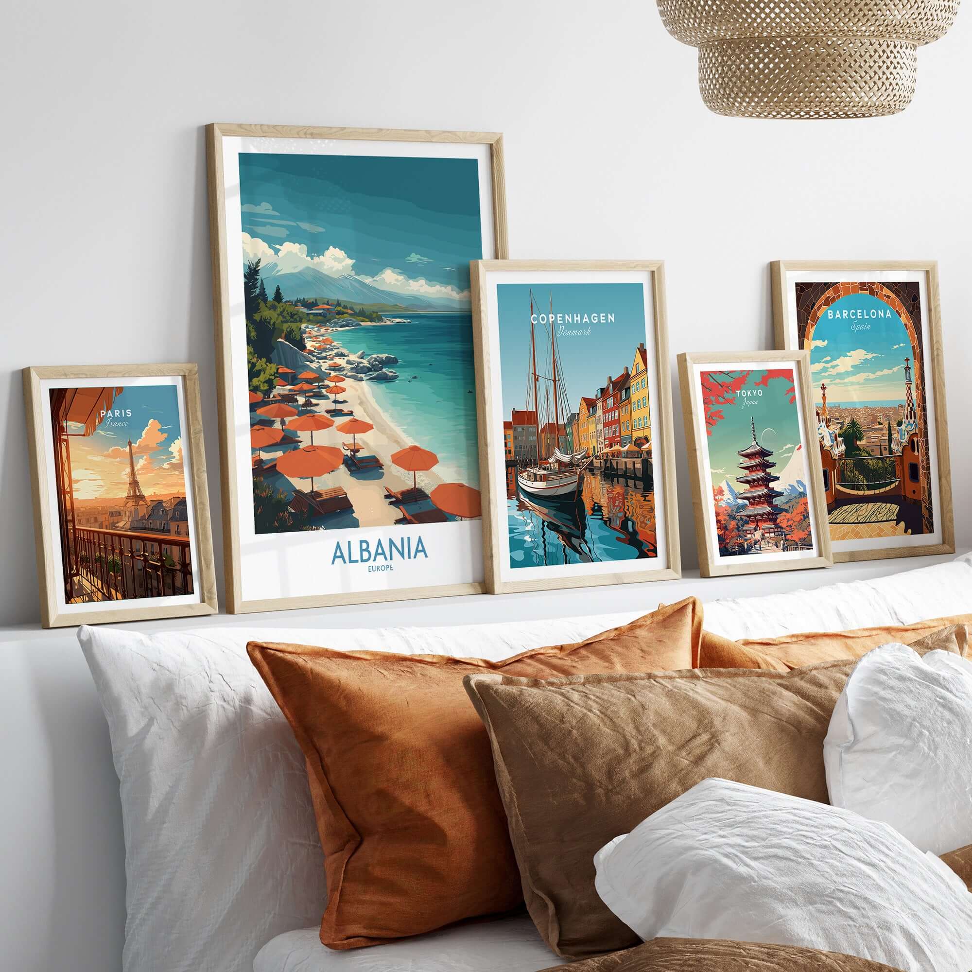 Albania Art Print | Beach Poster displayed among framed travel art prints in a cozy living room setting.