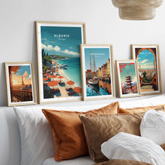 Albania Canvas Print | Balkan Travel Wall Decor featuring framed beach scenes and vibrant travel artwork.