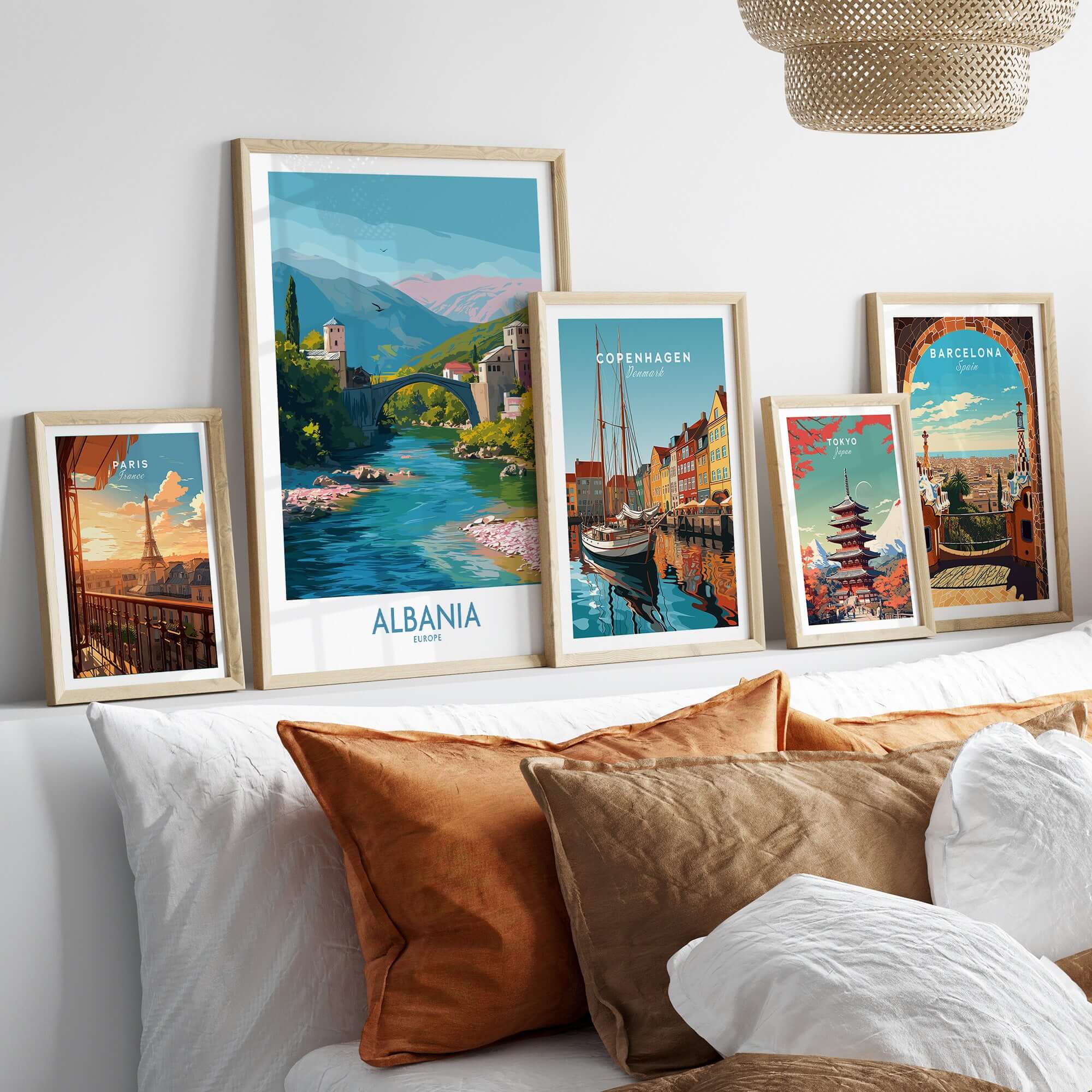 Albania Historic Stone Bridge Art Print | Mountain River Landscape Poster displayed in a cozy living room setting.