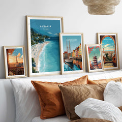 Albania Canvas Print | Balkan Travel Poster displayed among other travel posters in a stylish home setting.