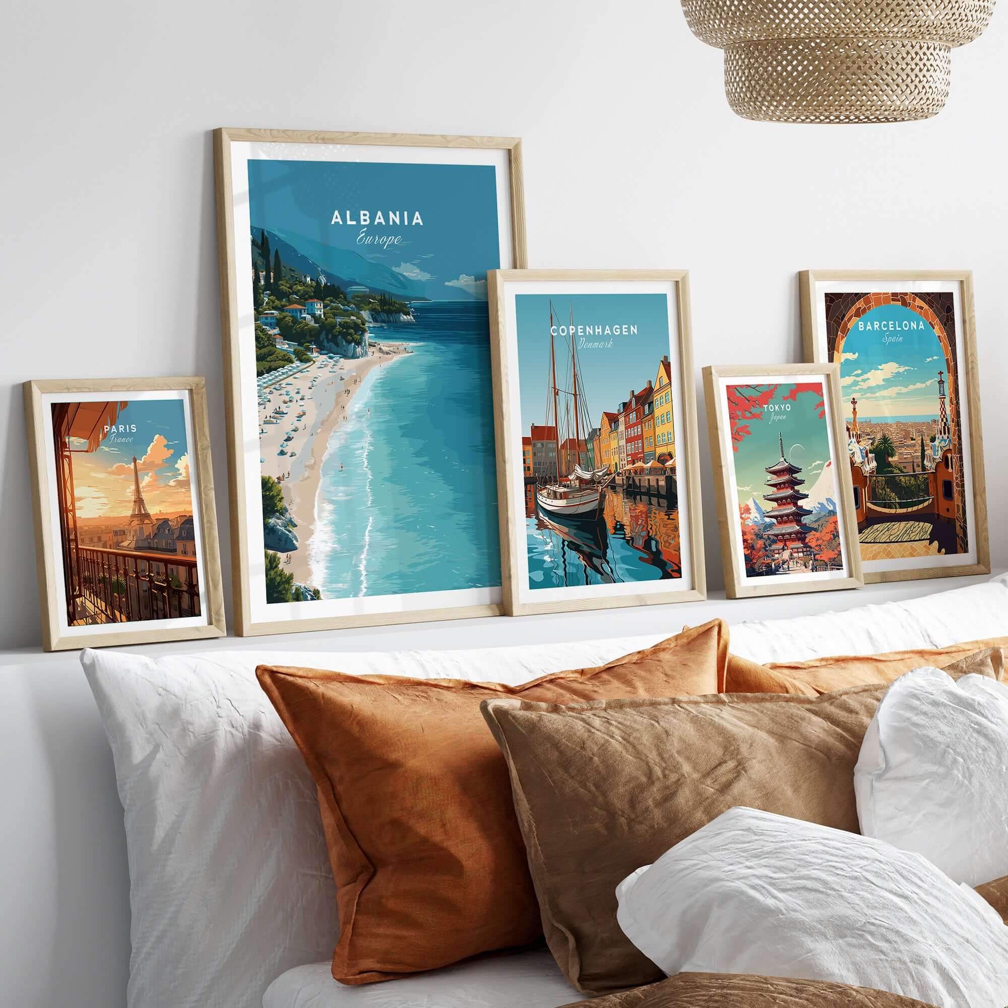 Albania Canvas Print | Balkan Travel Poster displayed among other travel posters in a stylish home setting.