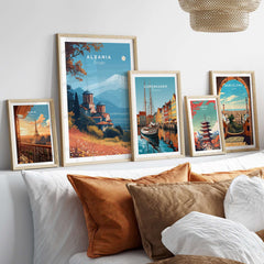 Albania Canvas Print | Framed and Unframed Travel Wall Decor displayed on a wall with other travel art pieces.