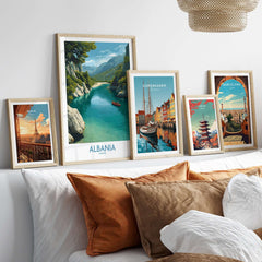 Albania Canvas Print | Framed and Unframed Travel Wall Decor displayed on a stylish shelf with other travel art.