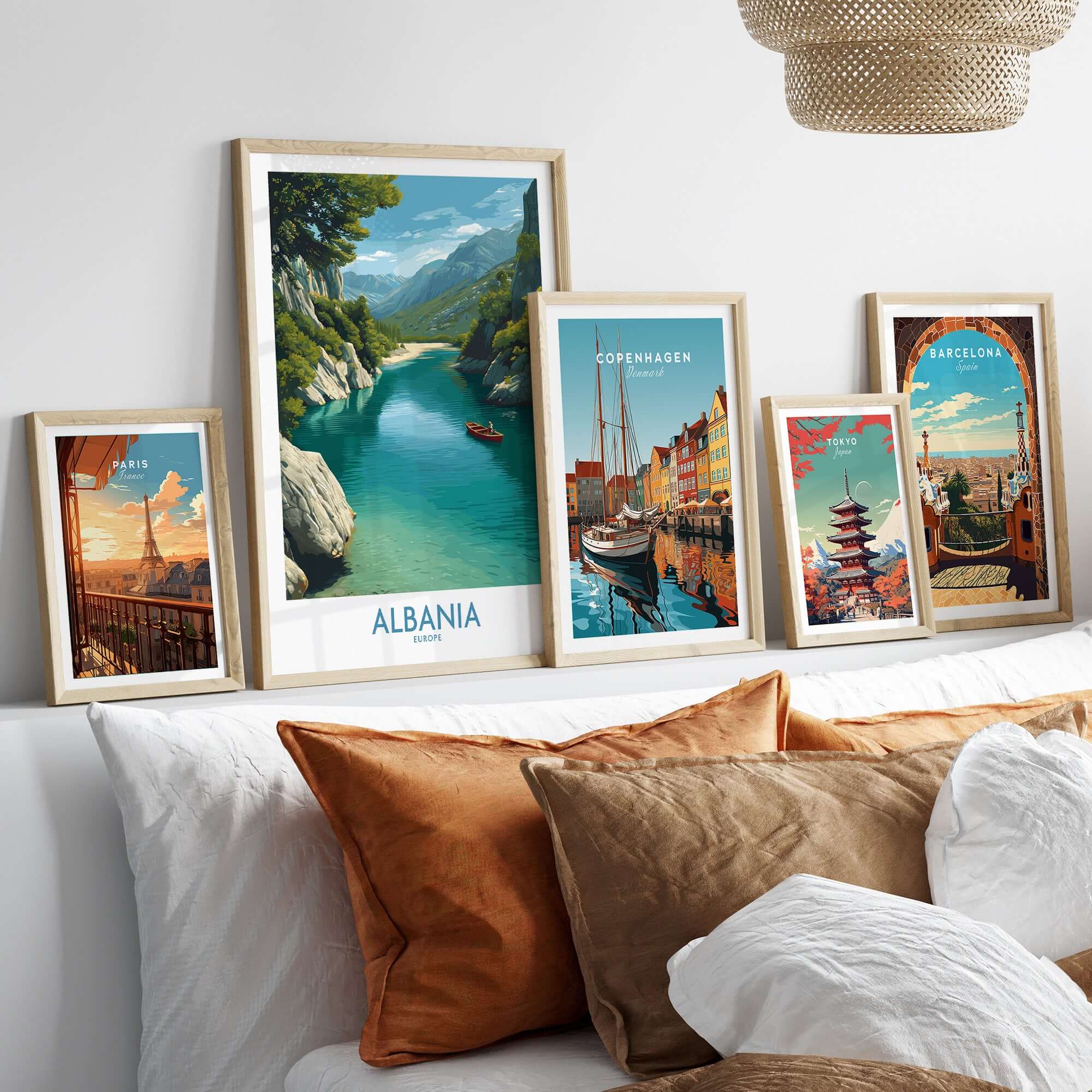 Albania Canvas Print | Framed and Unframed Travel Wall Decor displayed on a stylish shelf with other travel art.